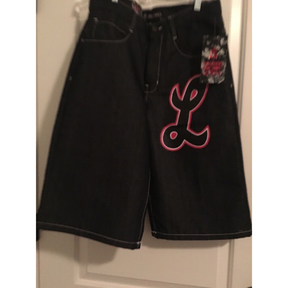 King Maker Men's Print Denim Jean Shorts Dark Wash Zip Button Size 32